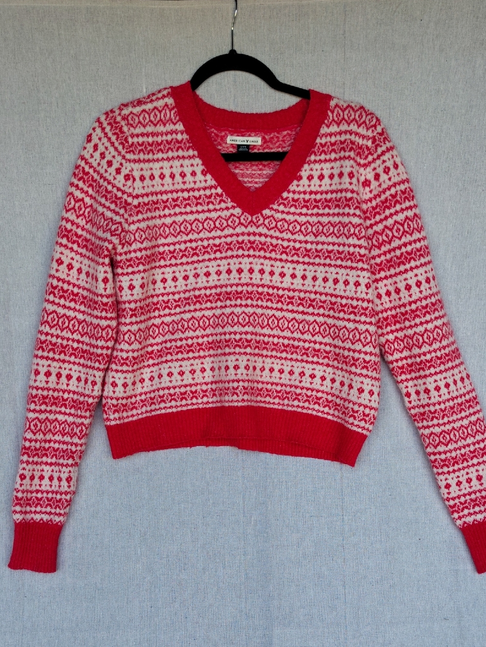 Red and White V‑Neck Fair Isle Sweater